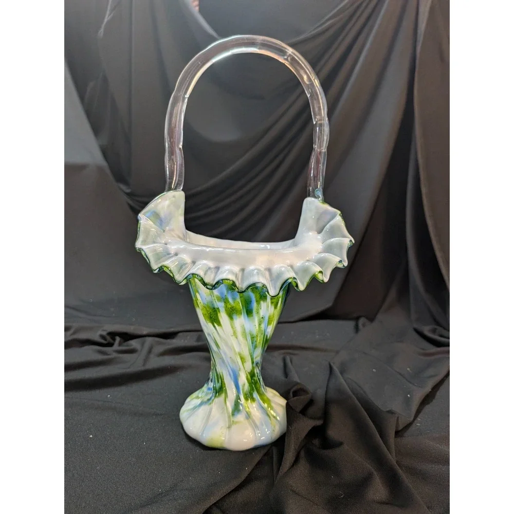 Fenton Murrhina Blue Green Aventurine Glass Handle Ruffle Basket 11